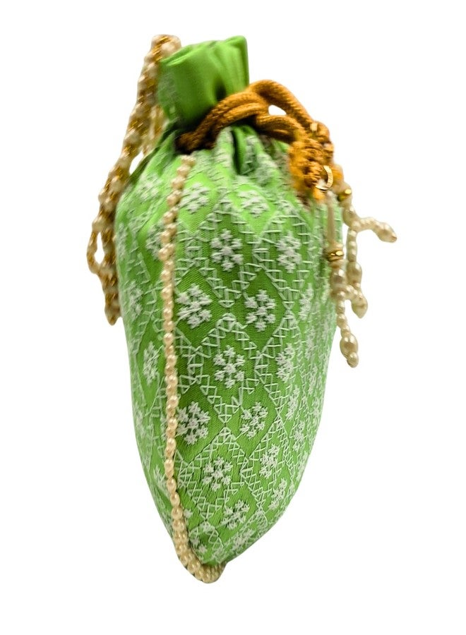 exotique Green Embroidered Potli Bag for Women | Designer Silk Potli with Beaded Handle & Tassels | 8"x0.7"x8.5", Strap Drop 4.5 | Wedding, Bridal & Festive Pouch |HW0021GR - Image 3